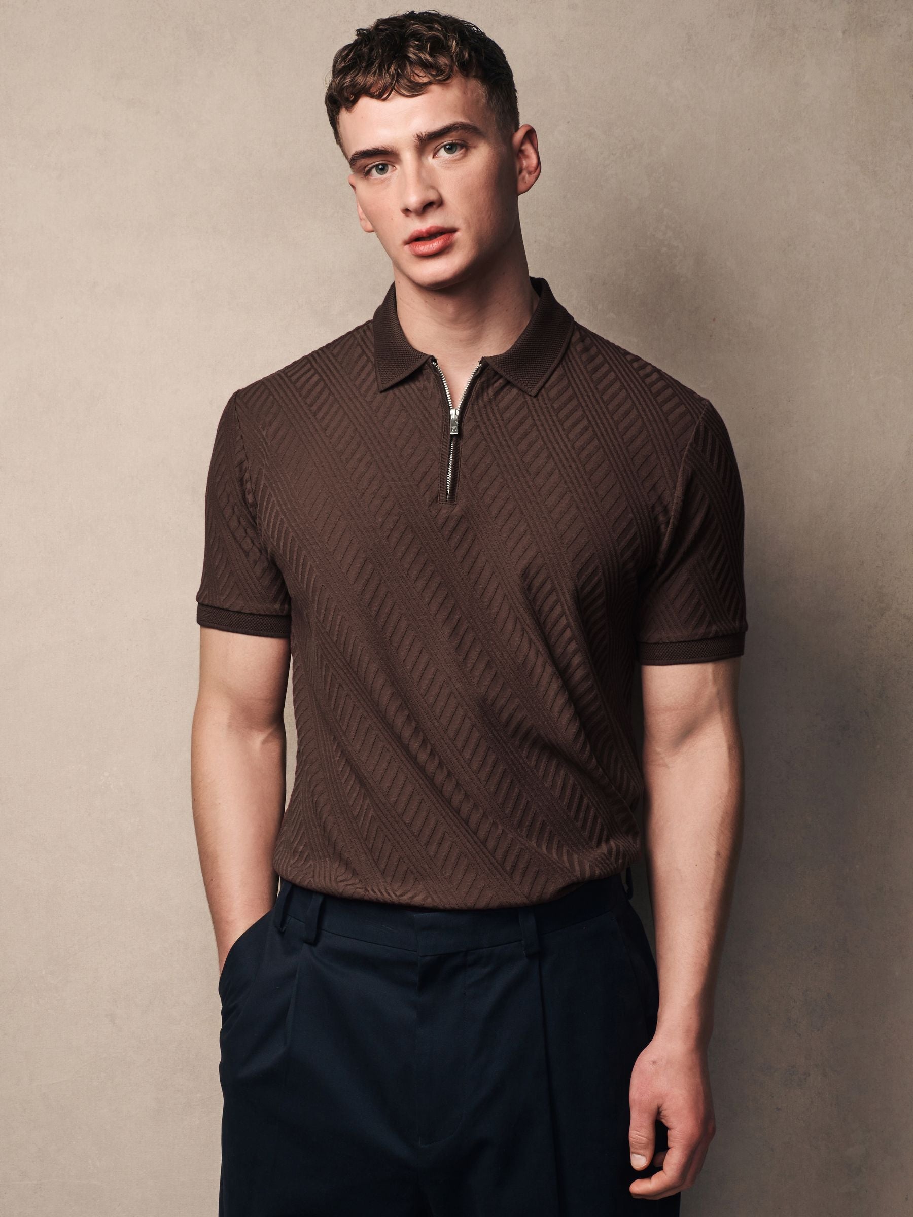 Savile Old Money Polo Tshirt Knitted Zipper in Chocolate Brown