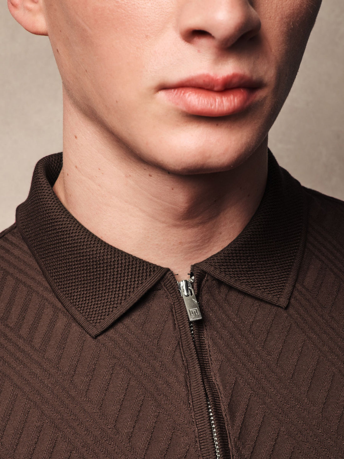Savile Old Money Polo Tshirt - Knitted Zipper in Chocolate Brown