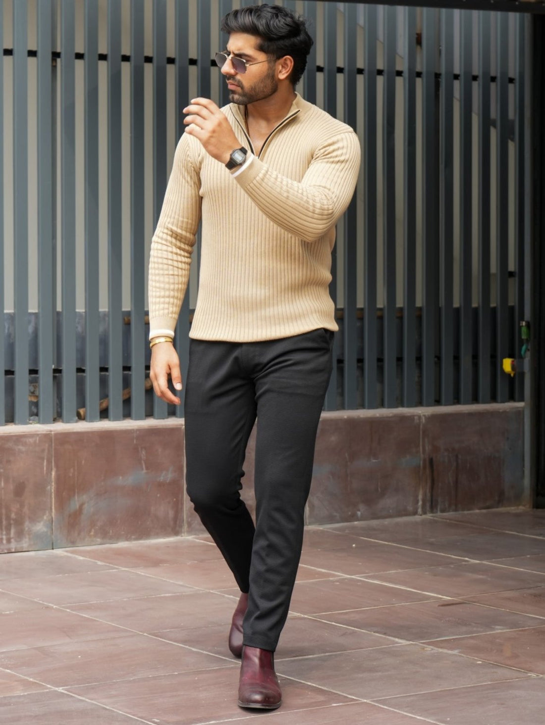 Old Money Turtleneck Zip Collar Ribbed Sweatshirt For Men