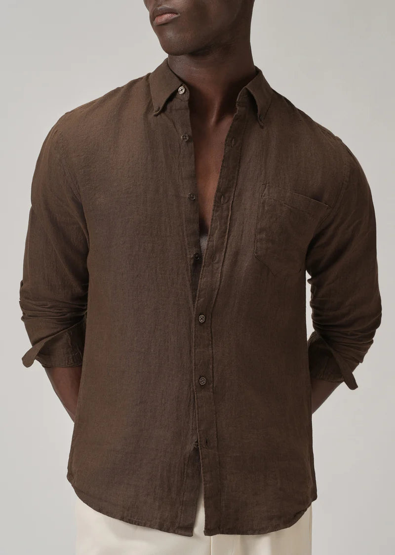Brown Linen Shirt - 100% Linen Old Money Shirt - Button Down Collar