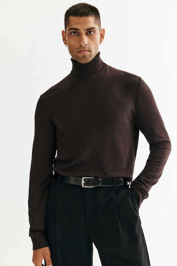 Regular Fit Brown Polo-Neck Old Money Jumper for Men