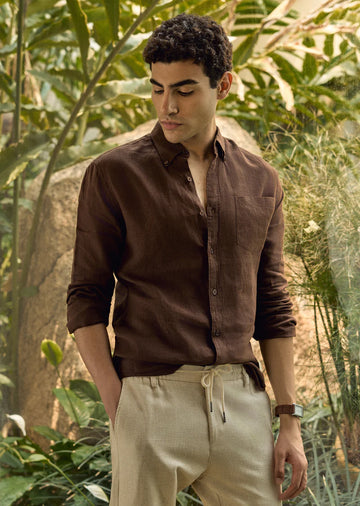 Brown Linen Shirt - 100% Linen Old Money Shirt - Button Down Collar