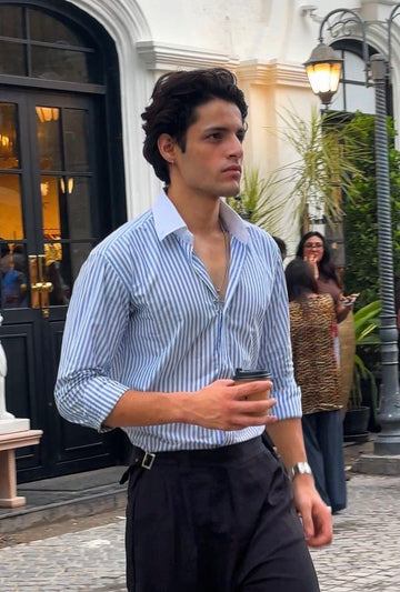 Blue Striped Shirt for Men with Button Down Collar